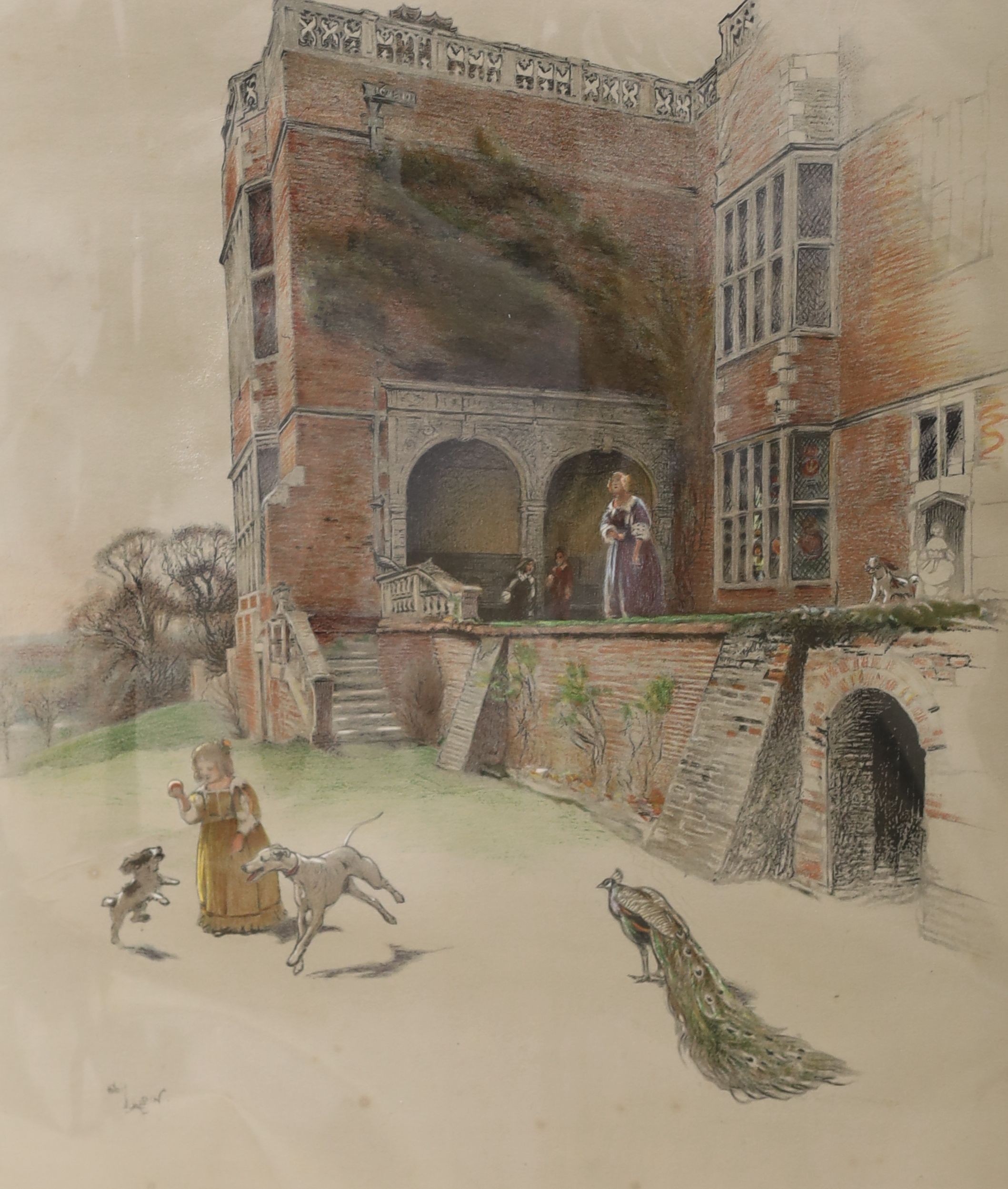 Cecil Aldin, colour print, Child and dogs beside a 17th century house, signed in pencil, 45 x 36cm, unframed